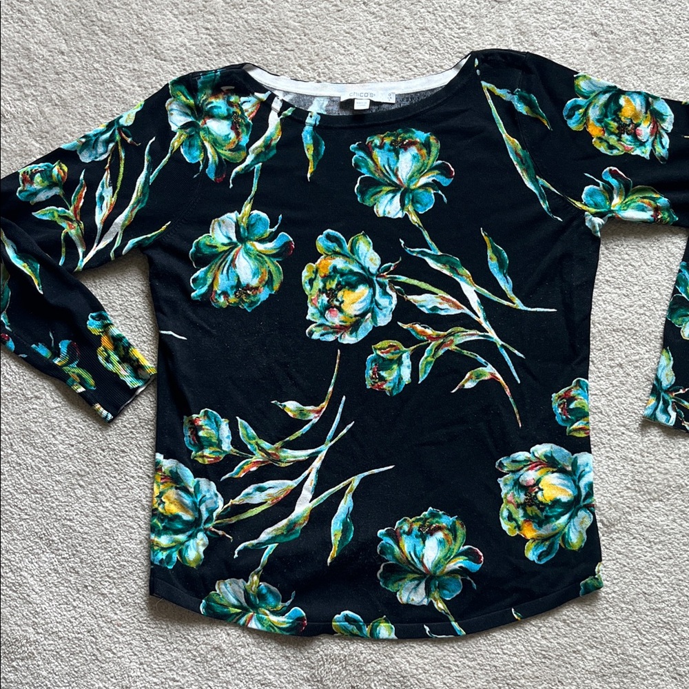 Chico's Black Floral Boatneck Long Sleeve Top